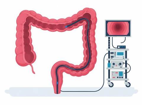 Ilustração do procedimento de colonoscopia avaliando o intestino grosso